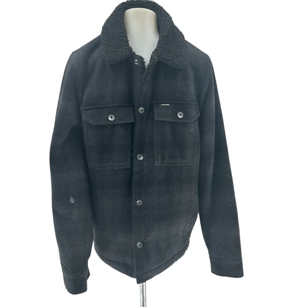 Volcom Men’s Keaton Jacket Plaid Fleece Lined Sz M Black Gray Wool Blend